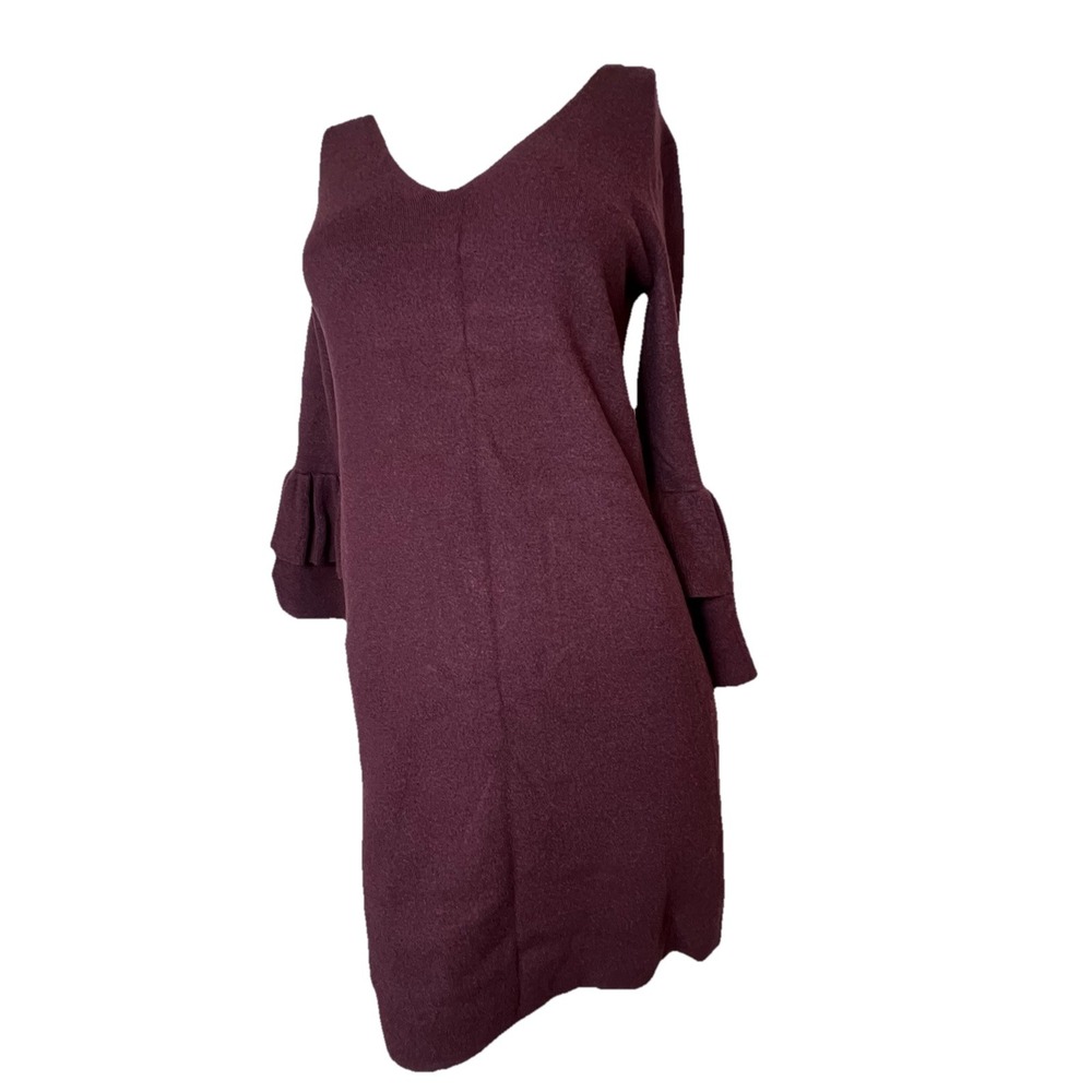 Ann Taylor Burgundy Sweater Dress Size XS Ruffle Bell Sleeve V-Neck